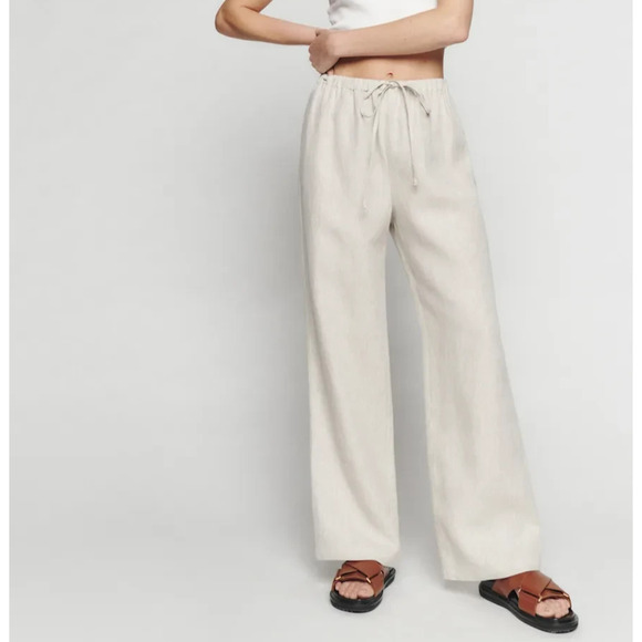 NWT Reformation Olina Linen Pant Drawstring Wide Leg Size L Petite Oatmeal - Picture 1 of 12